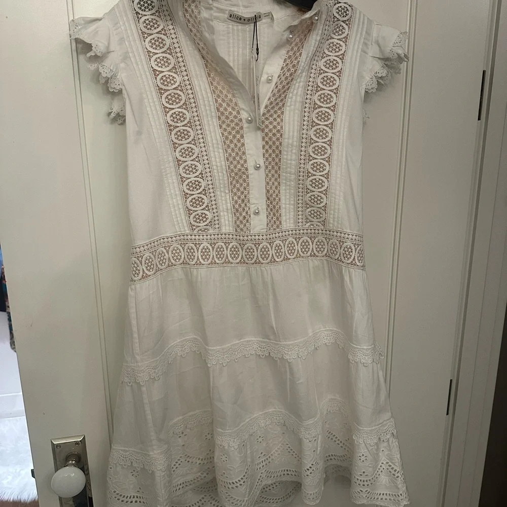 Alice + Olivia White Embroidered Ruffle Sleeve Dress - Picture 5 of 6